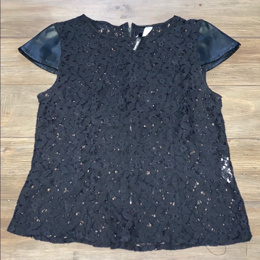 Kensie Black Lace Top with Pleather Shoulders